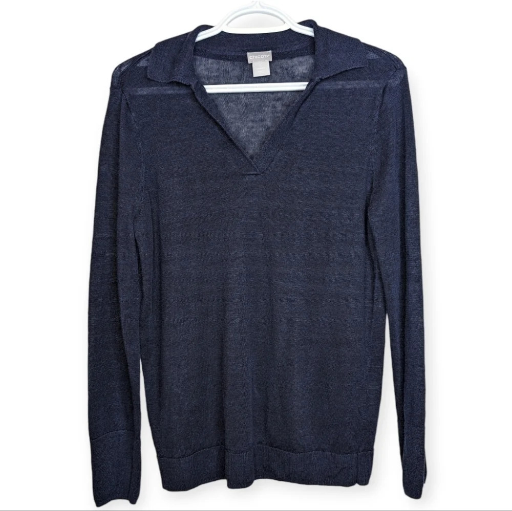 Chicos Navy Blue Linen Blend V Neck Collared Thin Knit Top Woman Size 1 Medium